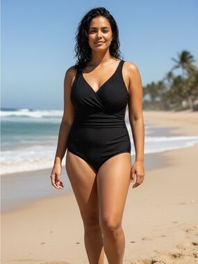 NWT Classic Black One Piece Bathing Suit Fully Lined With Built In Bra